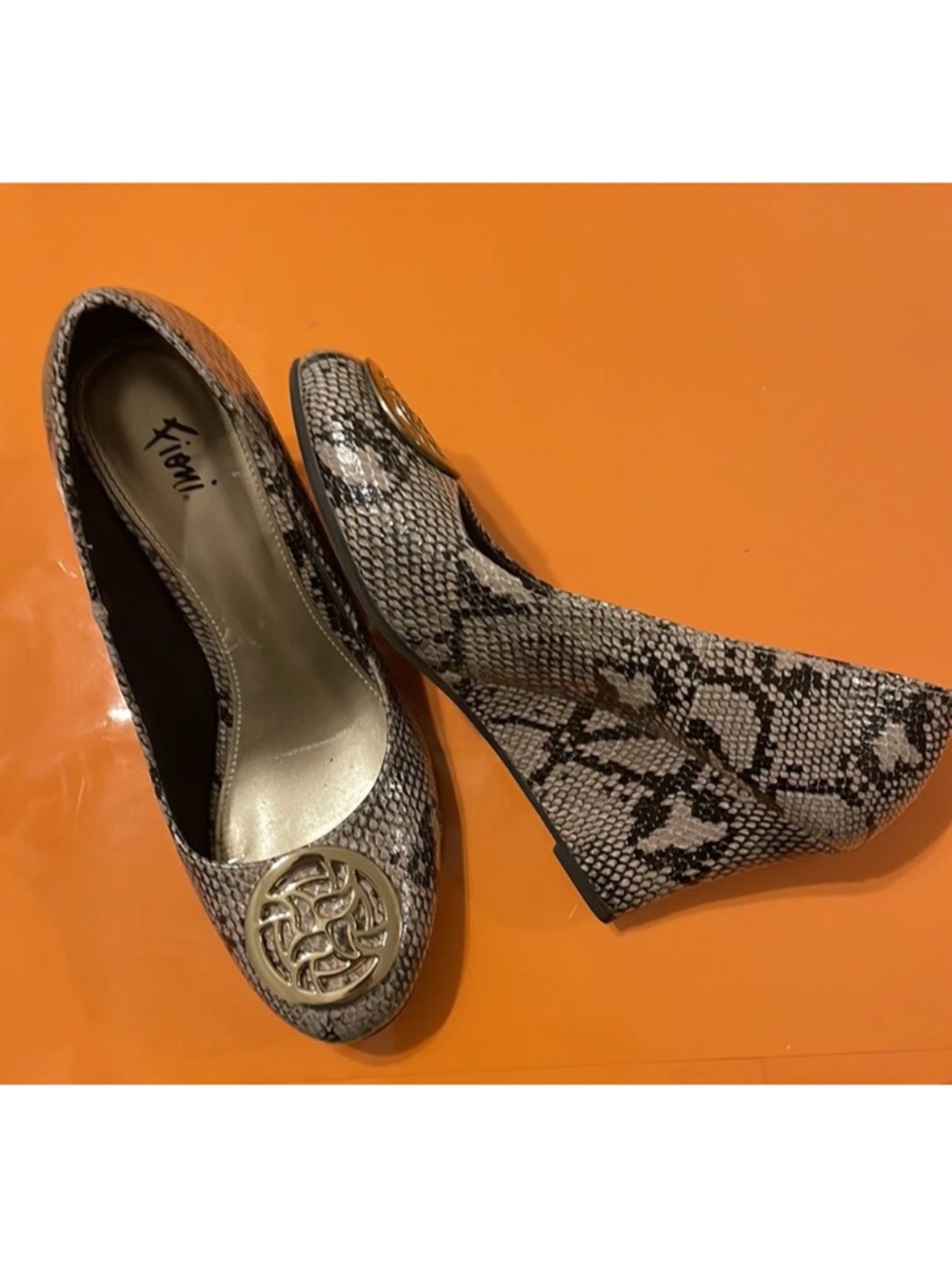 FIONI Snake-Print 3” Wedge Pumps